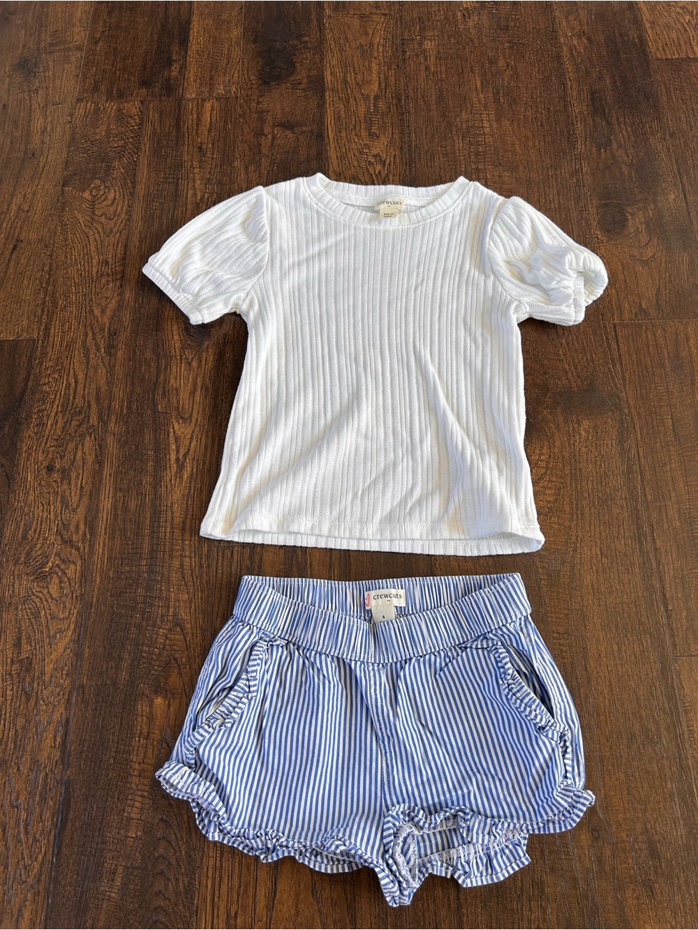Crewcuts White Ribbed Tee with Blue Striped Ruffle Shorts
